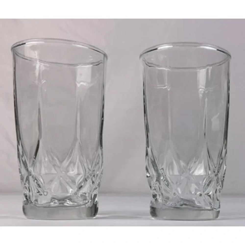 Set of 2 Clear‎ Faceted Highball Tumblers Heavy Base Pressed Glass
